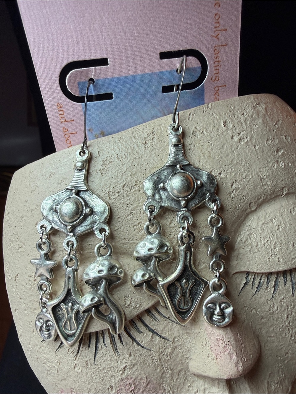 Silver-Tone Mushroom & Celestial Dangle Earrings